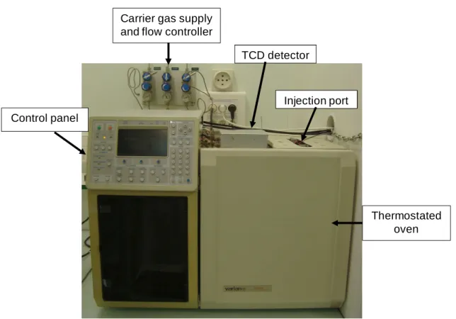 Figure 2.6. Front view of the gas chromatograph used in this work and main components