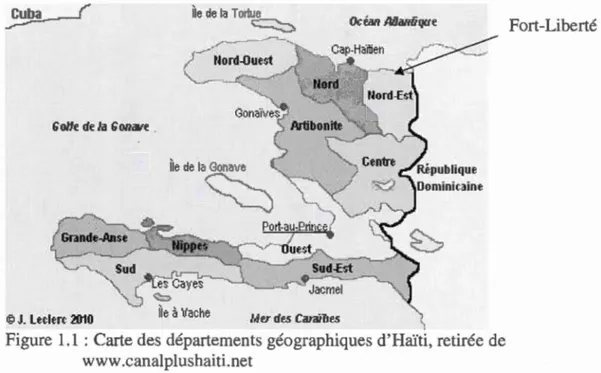 Figure  1.1  : Carte des départements  géographiques  d'Haïti, retirée de  www.canalplushaiti.net 