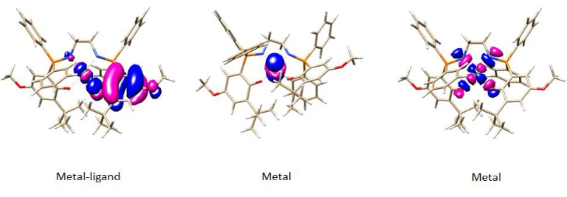 Figure 42. Active space molecular orbitals occupied by unpaired electrons associated to their  “metal” or “ligand” character for [Ni(Psalen OMe )] + 