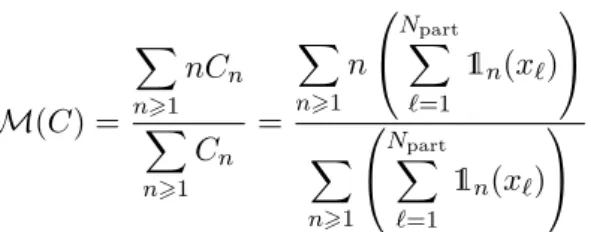 Fig. 3.5: Left: Variance (3.17) as a function of N part . A linear approximation is superimposed