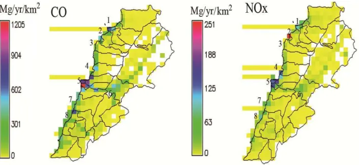 Figure 3. Spatial distribution of CO and NO X , in Lebanon for 2010 (White areas correspond to zero emissions).