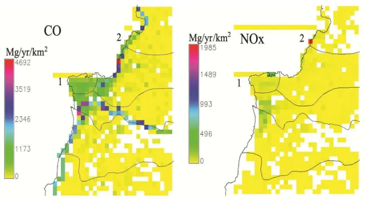 Figure 4. Spatial distribution of CO and  NO X   emissions in the inner domain for 2010 (White areas correspond to zero 