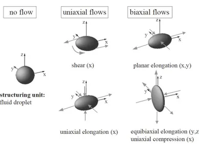 Figure I.5 – caractéristiques des déformations de gouttes d’émulsions soumises à des contraintes extensionnelles et cisaillantes en régime laminaire (Windhab et al., 2005)
