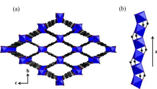 Figure  1.10  Crystal  structure  of  MIL-53  with  view  along  the  a  axis  (a)  and  the  inorganic  chains  of 