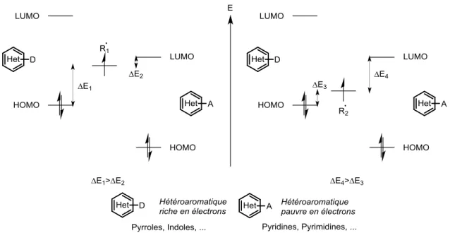 Figure I-13 : Diagramme énergétique des interactions entre un radical à caractère nucléophile (R 1 • ), à caractère électrophile 