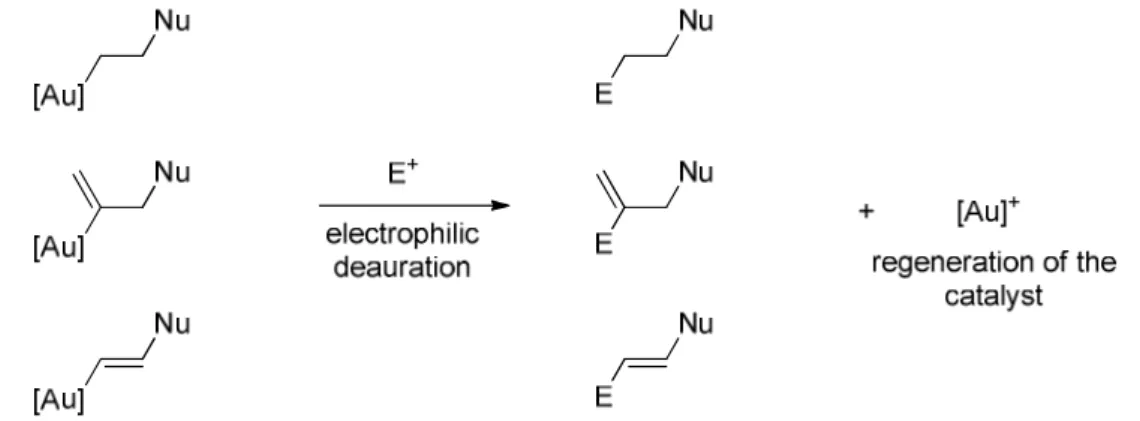 Figure 1.8 – Nucleophilic addition on carbon-based insaturations activated by gold (I)