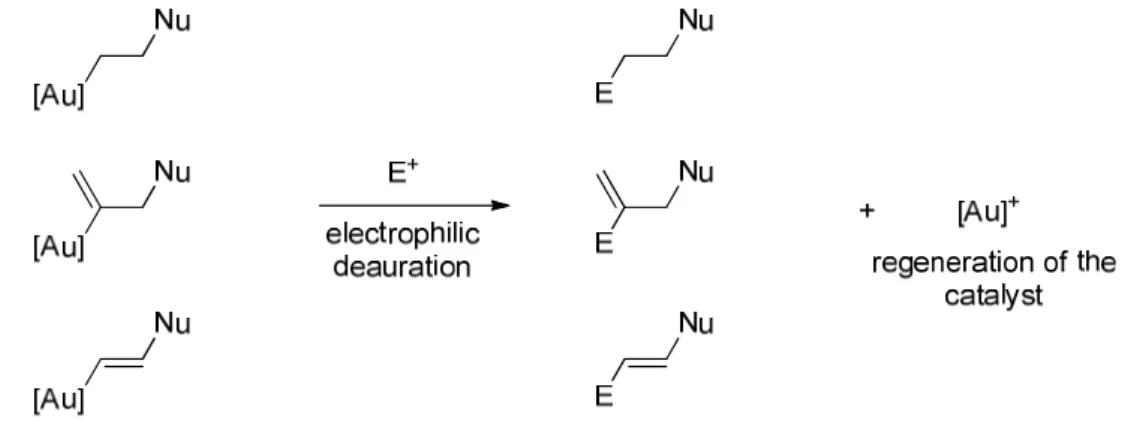 Figure 1.8 – Nucleophilic addition on carbon-based insaturations activated by gold (I)
