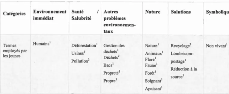 Tableau 3  :  Termes associés  à  l'en v ironnement  selon  le s  catégories après  se n si bili sat ion 