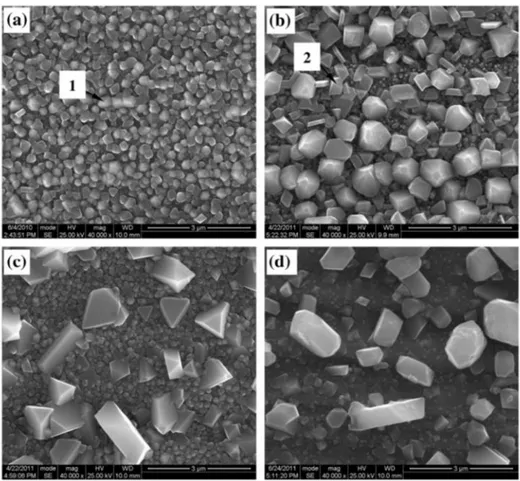 Figure 37 Micrographies MEB en surface d’échantillons oxydés en milieux aqueux avec différentes  teneurs en oxygène dissous : (a) 3 ppm - 388h, (b) 300 ppb - 400h, (c) 30 ppb - 365h et (d) en milieu  hydrogéné pendant 400h) (Kuang et al., 2012)