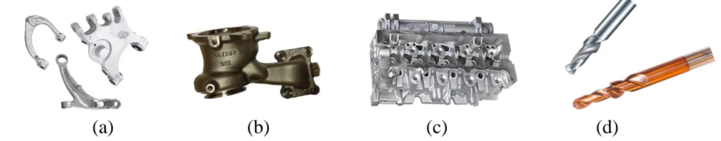 FIGURE 0-1. Exemples de produits du groupe Saint Jean Industries : pièces de liaison au sol (a), corps de turbocompresseurs  (b), culasse (c) forets en carbure de tungstène, monoblocs étagés (d) 