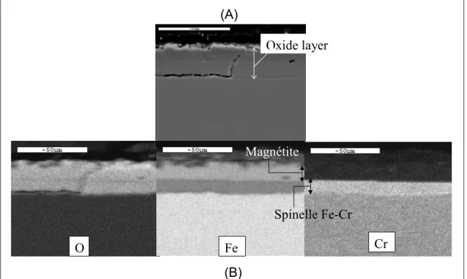 Figure 27 : Image MEB (A) et cartographies X (B) d'une coupe transverse d'un échantillon de T91  oxydé à 470°C pendant 1000 heures dans l'alliage Pb-Bi, en circulation, contenant 10 -6  poids %  d'oxygène dissous (inférieur à la saturation), la vitesse de 