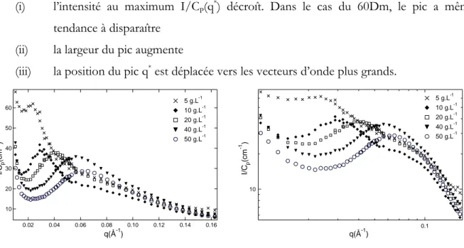 Figure 5 : Evolution de l’intensité en  unités  I/C p   en fonction  du vecteur de  diffusion q pour  le  20Dm à 