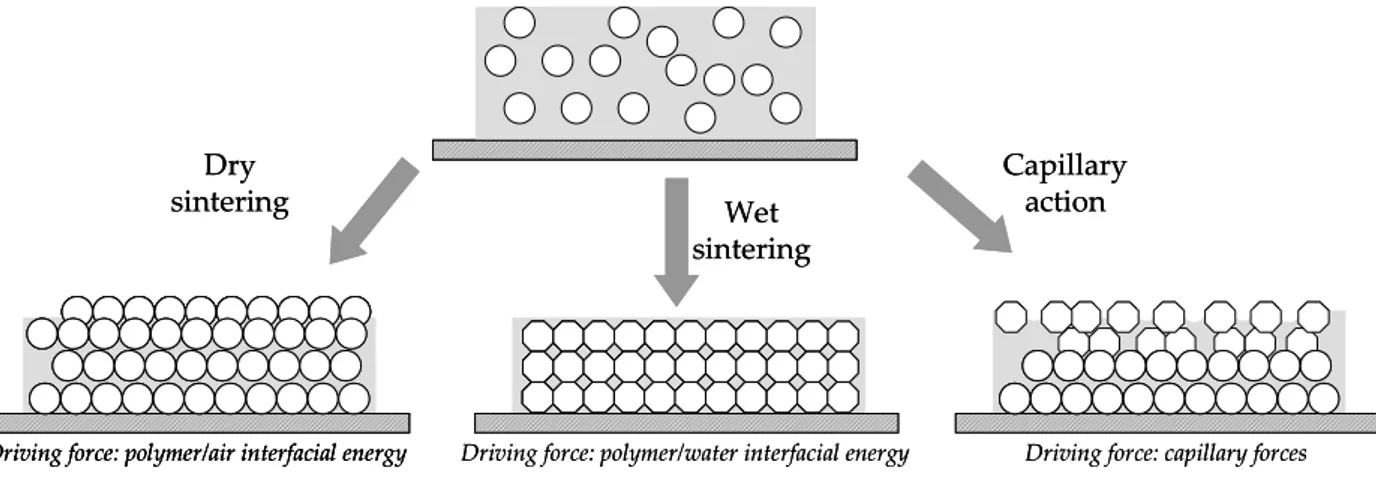 Figure  1-18.  Particle  deformation  mechanisms:  dry  sintering,  wet  sintering  and  drying  through  the  capillary action
