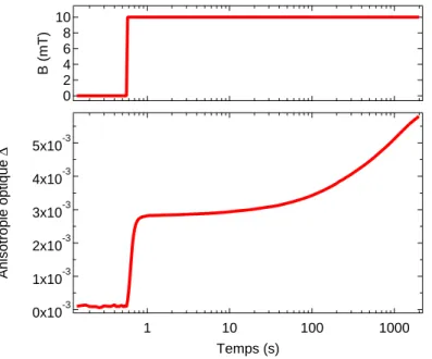 Figure 2.5 – Évolution de ∆ en fonction du temps pour un échantillon de billes de 240 nm à l’application d’un créneau de champ magnétique.
