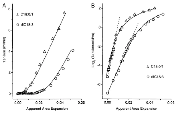 Figure 6 : Mesure en micropipette de la tension de surface apparente d’un liposome en fonction  de la variation de l’aire apparente.( [6])  