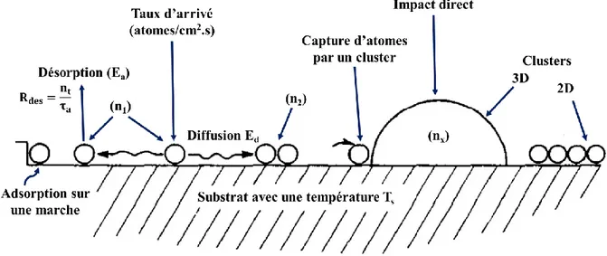 Figure 2-4 : Schéma illustrant les processus de base sur le substrat lors de la nucléation [40]