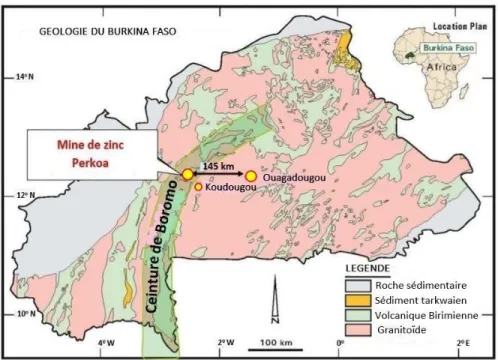 Figure I. 3: Unités géologiques du Burkina Faso et localisation de la mine (Nantou Mining, 2016) 