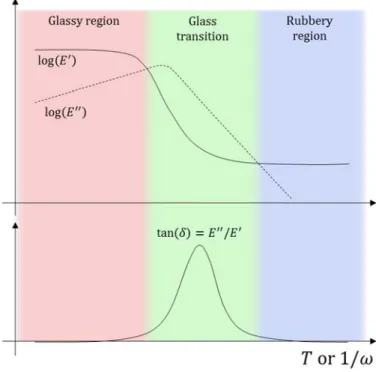 Figure	 7:	 schematic	 representation	 of	 the	 evolution	of	complex	modulus	with	temperature	 or	 frequency	 for	 a	 viscoelastic	 material.	 Top	 part	shows	the	real	and	imaginary	parts	of	the	 complex	 modulus,	 bottom	 part	 shows	 the	 tangent	of	the	