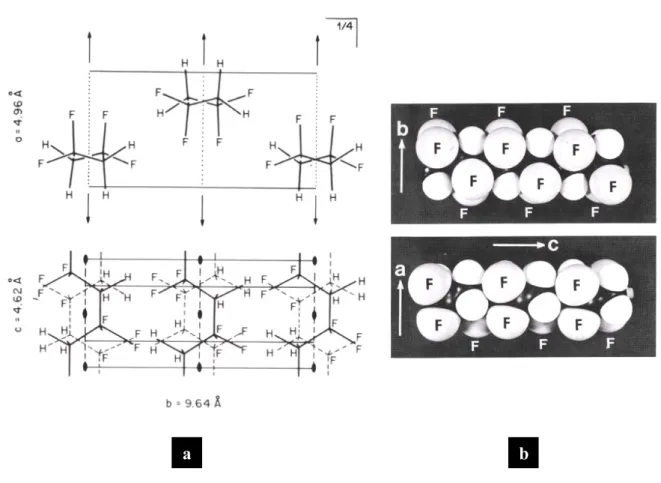 Figure II.2: a- Maille élémentaire de la phase α du PVDF selon Bachmann et Lando  ([19])