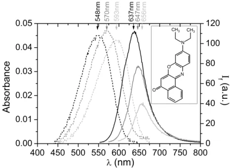 Figure  6  -  Absorbance  spectra  (dashed  curves)  and  fluorescence  emission  spectra  (full  curves) of Nile Red in ethanol/water mixtures with decreasing ethanol content
