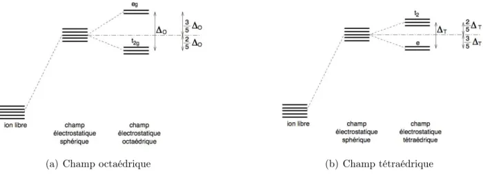 Figure II.11 : Levée de dégénérescence des orbitales d dans un champ cristallin