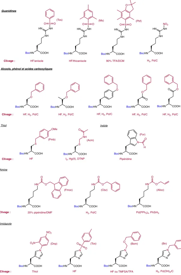 Figure i9 : Acides aminés protégés orthogonalement compatibles avec la résine oxime BocHNCOOHNHNHHN Boc HN COOHNH NHHNSOO NO2BocHNCOOHNHNHHNSOO(Tos)(Ms)