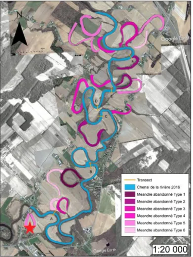 Figure 2: Carte typologique des méandres abandonnés de la rivière L’Assomption (Tremblay, 2016)