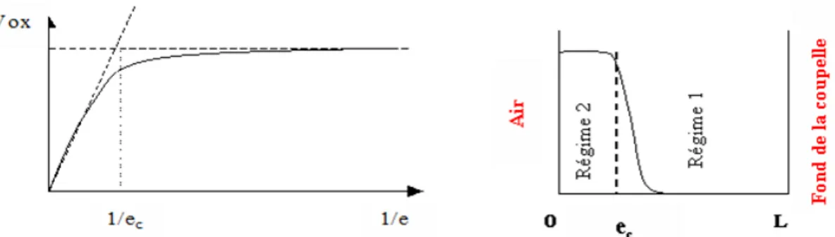 Fig. 2.24: A gauche : Vitesse d’oxydation versus l’inverse de l’´ epaisseur de l’´ echantillon dans la coupelle