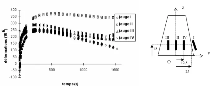 Fig. C2.9 : Evolution de la déformation moyenne sur la section la plus sollicitée (z=48mm) et  schéma de l'emplacement des jauges (cotes en mm) 
