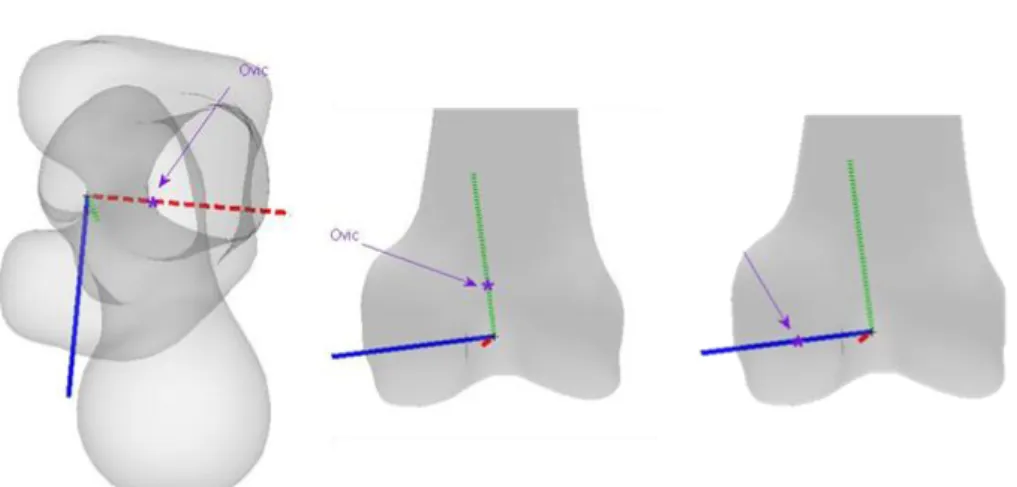 Figure III-11 : Situation du centre articulaire sous Vicon® (O vic) dans le repère fémur de centre O os-fem, centre du repère  fémur