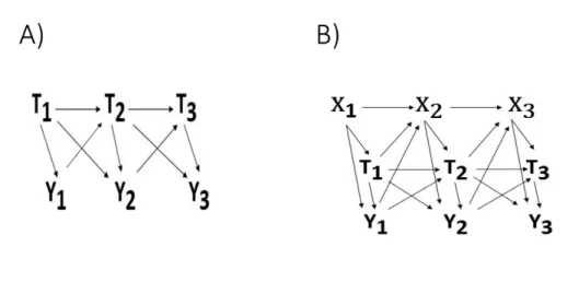 Figure 3.1 – Les associations multiples entre T j et Y j dans une structure longitudinale.