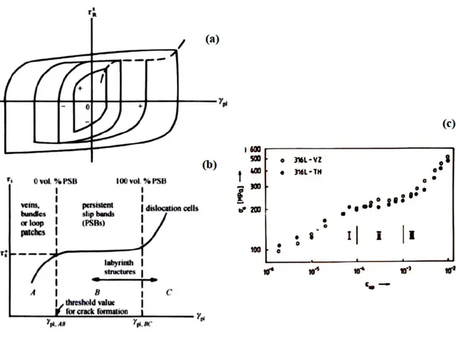 Figure I.9: Courbe cyclique contrainte-déformation plastique aux cycles stabilisés :   (a) et (b) illustration des trois régions des microstructures correspondantes à la déformation 