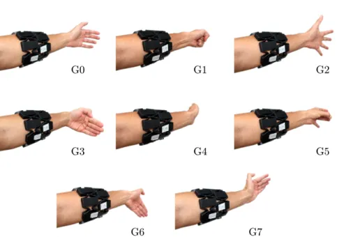 Figure 3.5: Representation of the library of gestures of the UC2018 DualMyo data set. By order, the gestures are: (0) rest, (1) closed st, (2) open hand, (3) wave in, (4) wave out, (5) double-tap, (6) hand down, (7) hand up.