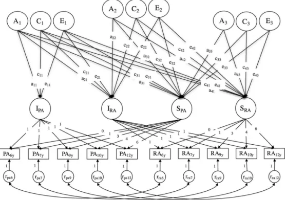 Fig 2. Cholesky decomposition of growth parameters in a bivariate latent growth curve model of proactive and reactive aggression
