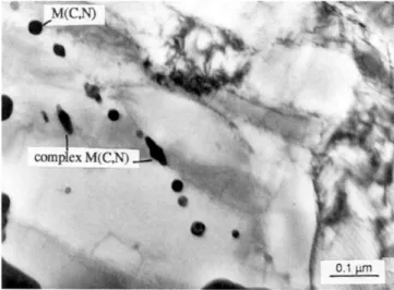 Fig. 1.7. Observation en microscopie ´ electronique en transmission d’un acier de Grade 92 (normalis´ e ` a 970˚C et revenu ` a 775˚C) montrant des pr´ ecipit´ es sph´ eriques M(C,N) riches en Nb et des pr´ ecipit´ es complexes de M(C,N) [ Ennis et al., 19