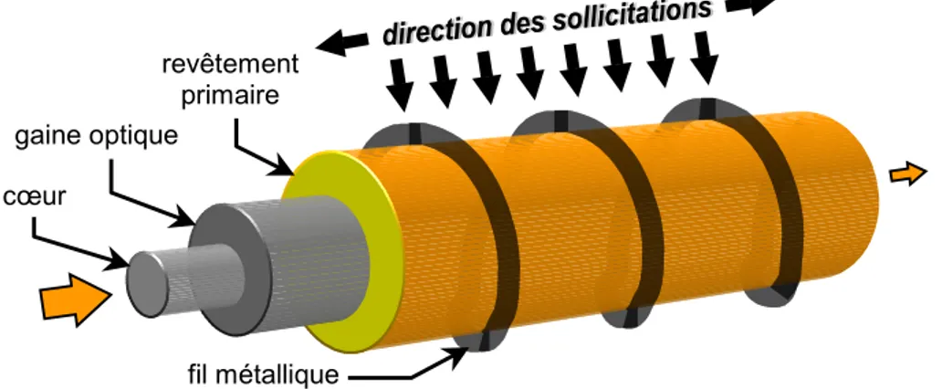 Figure 1.9  Capteur à fibre optique avec un conditionnement en microcourbures de type en- en-roulement en « hélice »