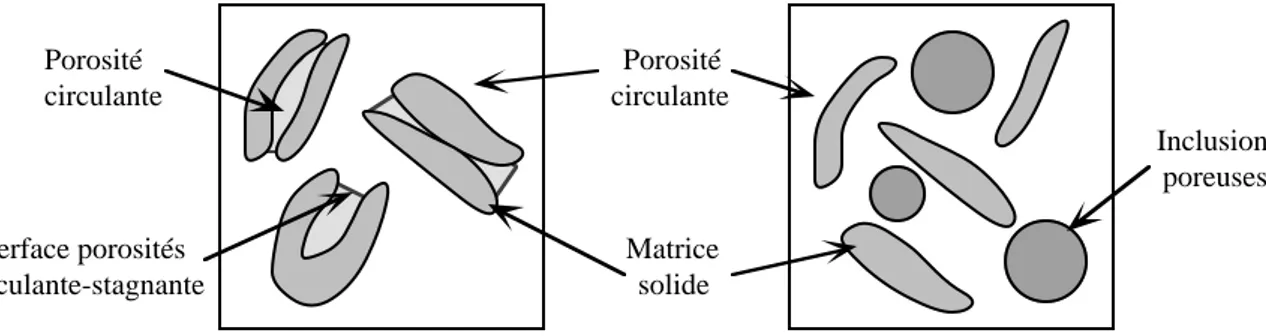 Figure I-36 : A gauche : modèle de porosité stagnante sous forme de renfoncements.