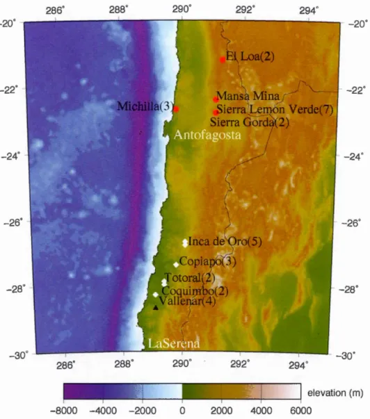 Figur e  3 . 2  Map  of north e rn Chil e  with  l oc a tion s  of  boreho l es  us ed  in  this study