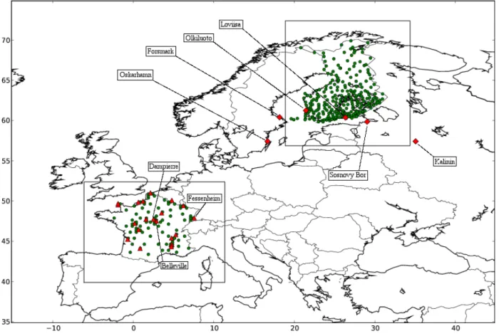 Figure 1: Representation of the domain of study and of the two subdomains centred on France and Finland