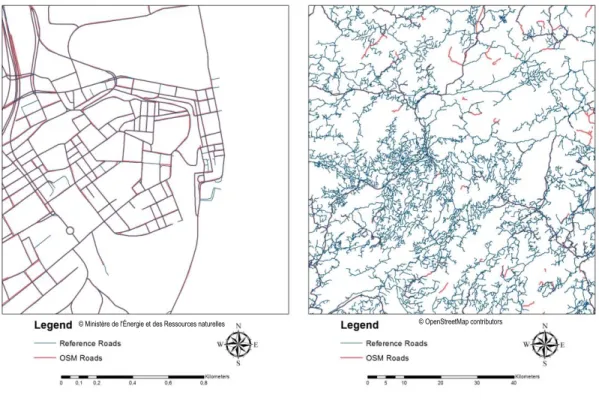 Figure 2-7. The completeness of OSM road network. 1- Left: Old Québec  2- Right: outside urban areas 