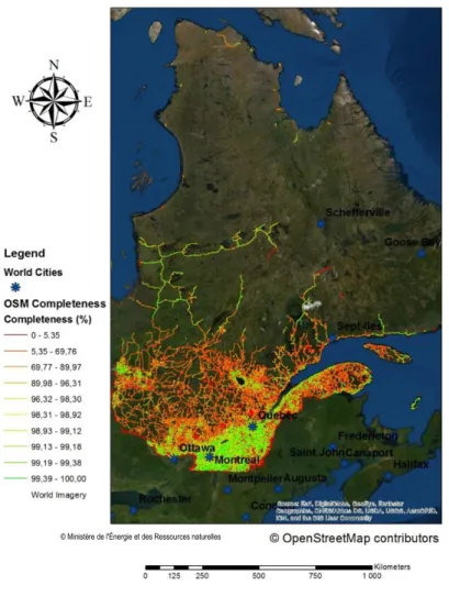 Figure 2-8. The completeness of OSM road network in the province of Québec [95], [97] 