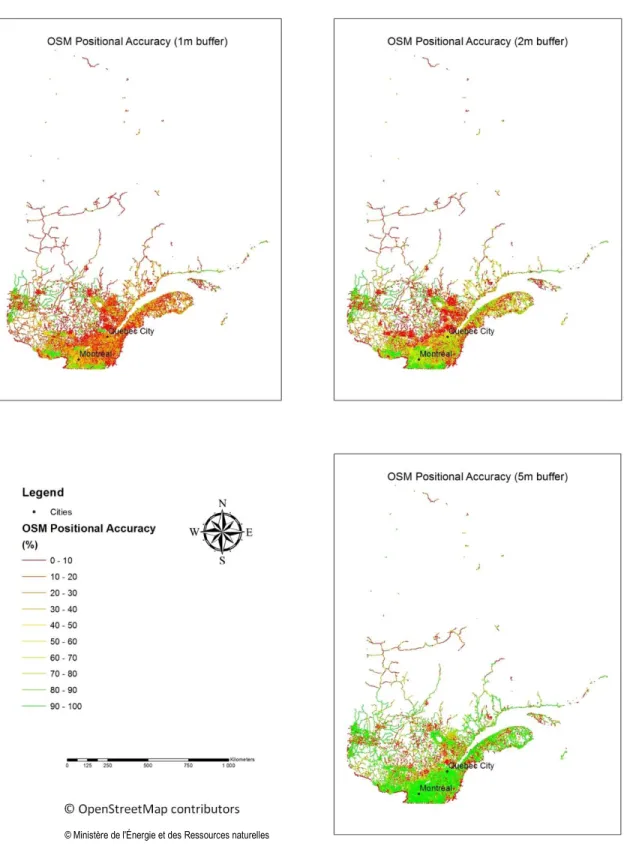 Figure 2-12. Positional accuracy of OSM roads calculated using IBM with 1m, 2m and 5m buffers 