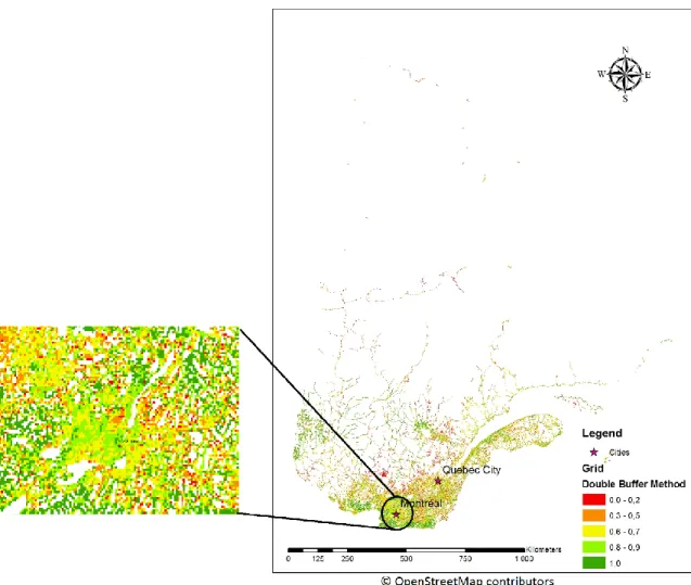 Figure 2-14. Positional accuracy of the OSM roads calculated by double buffer method using 1m buffers 