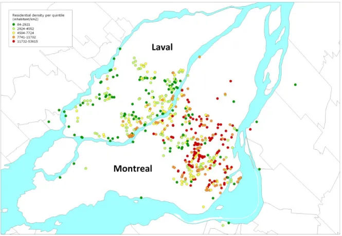 Figure 2 : Geographical distribution by residential density quintile of the NuAge cohort  older adults across the Montreal CMA, 2006-2007 (n = 668) 