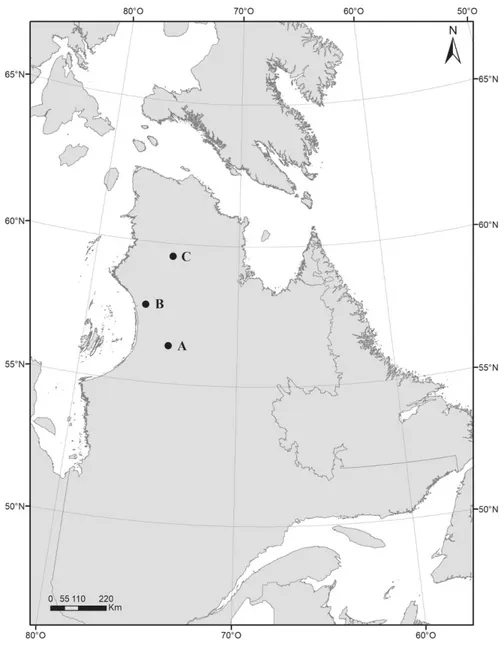 Figure 2.1. Location of the three regions sampled in August 2018: A) Clearwater Lake, B) Boniface 