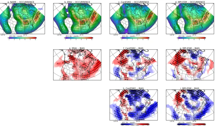 Fig. 3   Same as Fig.  2  but for storm occurrence (top panels). Driv- Driv-ing-data occurrence biases with respect to NARR (middle panels)  and ERAI (bottom panels) are also shown