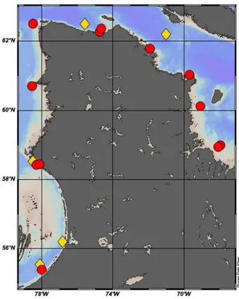 Figure 1.2 Map of the stations sampled during July 2017 (red dots) and 2018 (yellow diamonds) in Nunavik.