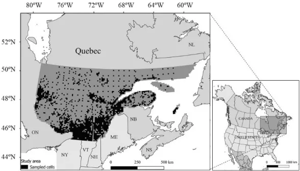 Figure 1.1  Distribution of plots sampled for sandhill crane in southern Québec, Canada (20042019), including plots surveyed by helicopters for the Canadian Wildlife Service, plots surveyed by eBird observers, and Quebec breeding birds atlas point count 