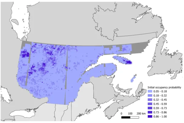 Figure A.1  Spatial distribution of predictions for initial occupancy (2004) of sand- sand-hill cranes using the top-ranked habitat model ψ 2004 (Wetland) γ (AgriTotal + AgriTotal2)  (Wetland)