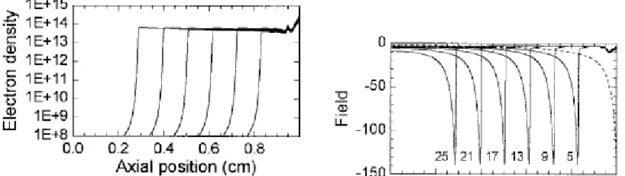 fig 2.53 electron density and electric field during the streamer propagation [Kulikovsky]